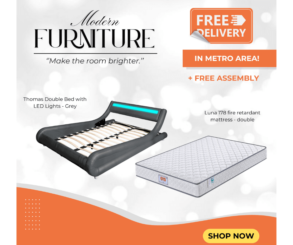 Thomas Double Bed with LED Lights - Grey with Luna 178 Mattress