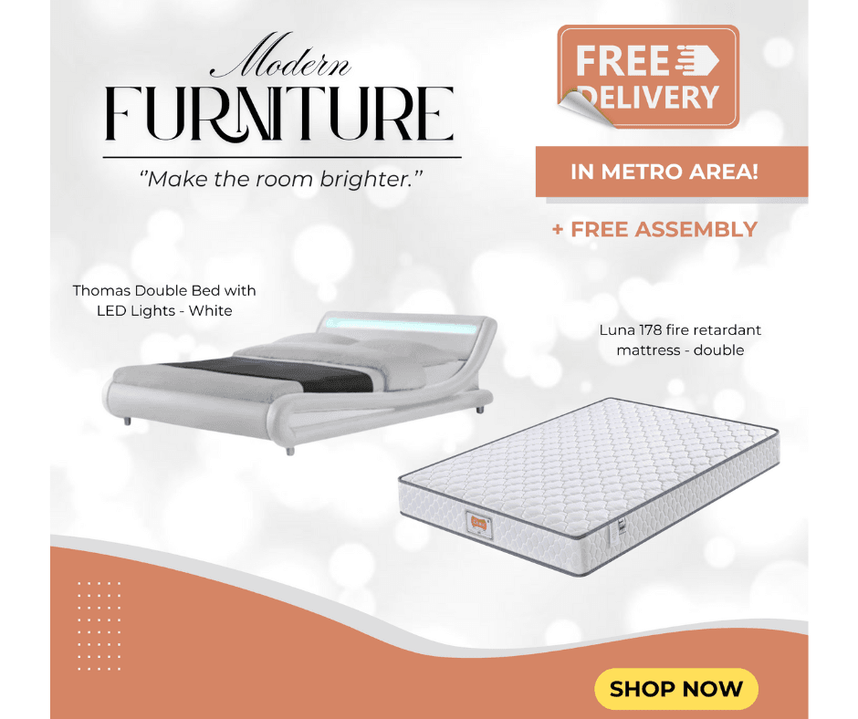 Thomas Double Bed with LED Lights - White with Luna 178 Mattress