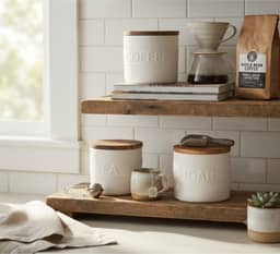 Set of 3 Off White Canisters with Acacia Lids