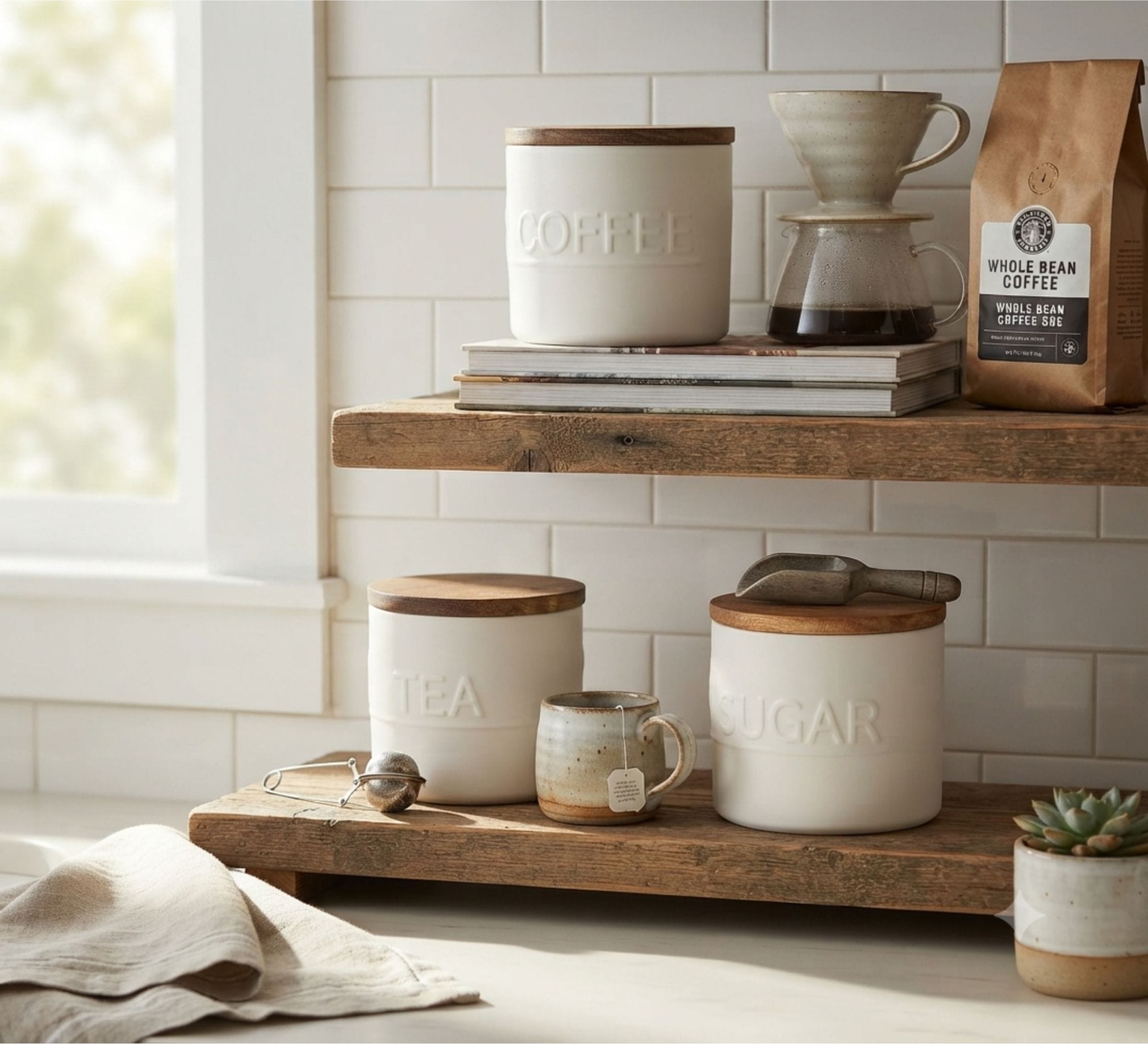 Set of 3 Off White Canisters with Acacia Lids