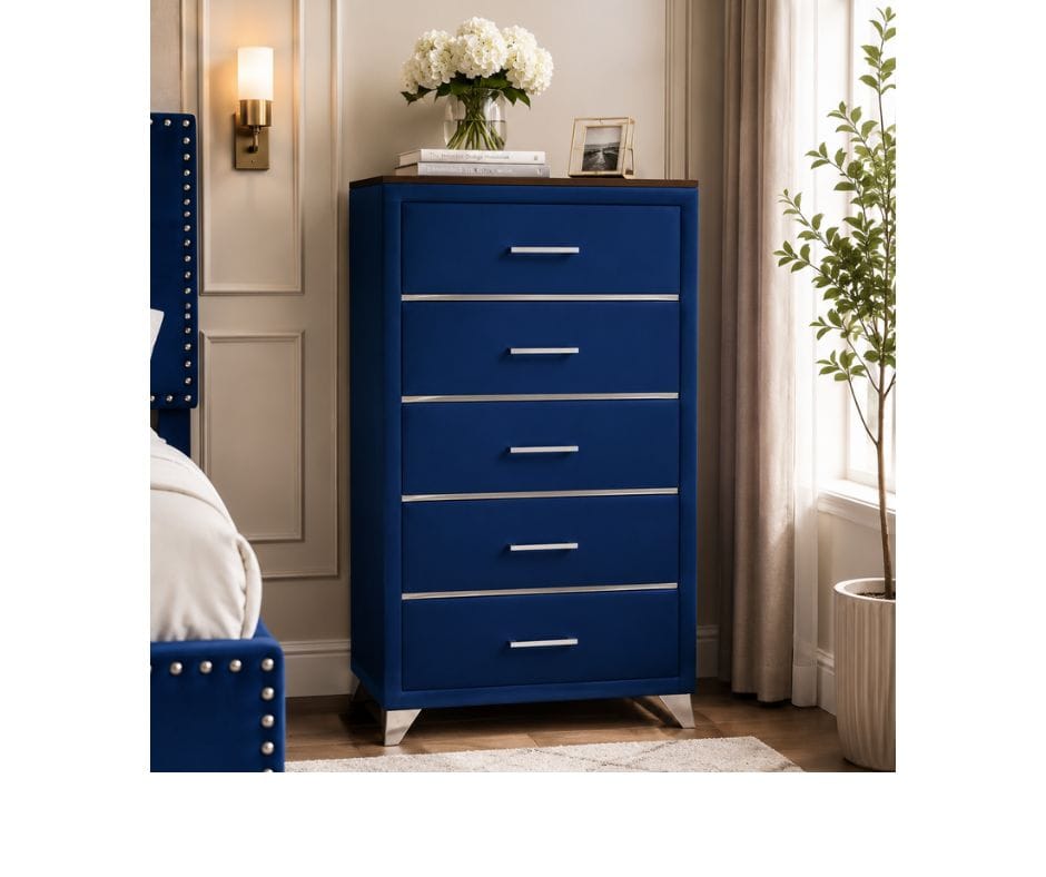 Jessie 5 Drawer Chest Tallboy - Velvet Navy Blue