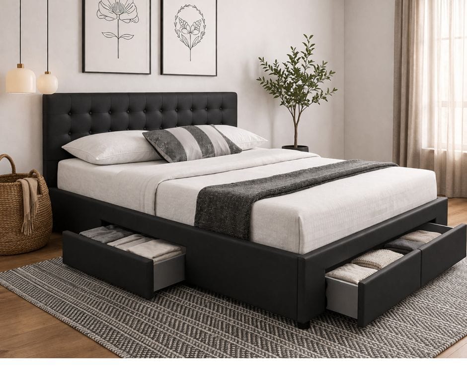 Julie PU Leather Bed With Drawers Double - Black