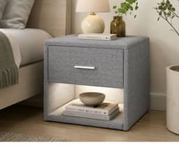 Nicole Fabric Bed Side Table with LED Light - Grey