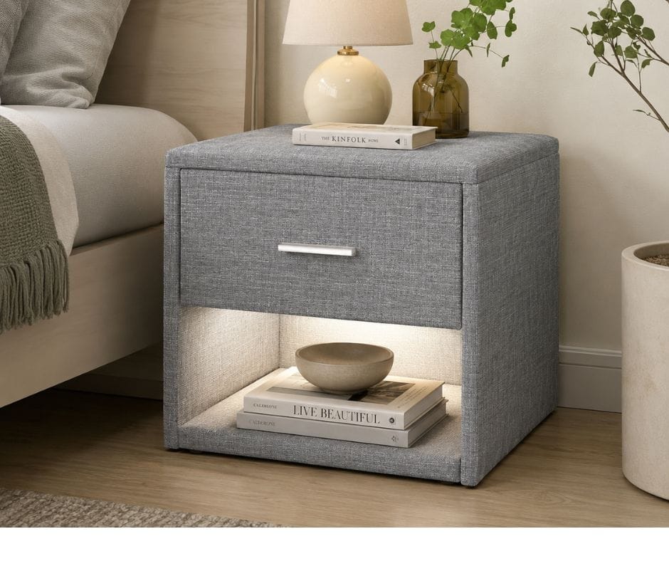 Nicole Fabric Bed Side Table with LED Light - Grey