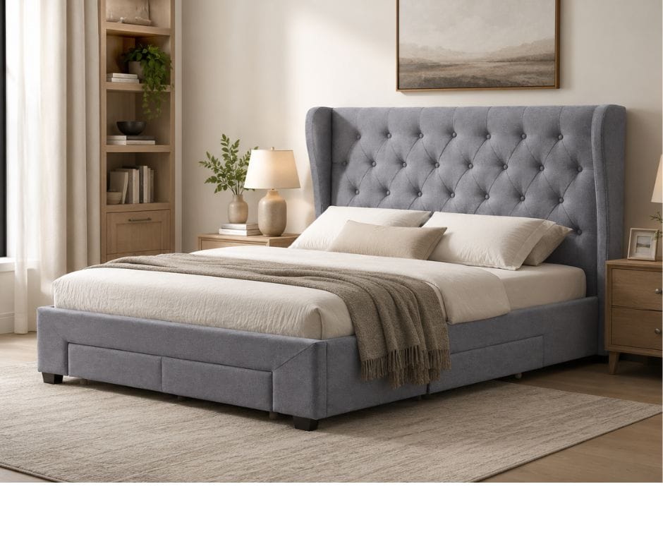 Avalon Double Bed with 4 Drawers - Light Grey