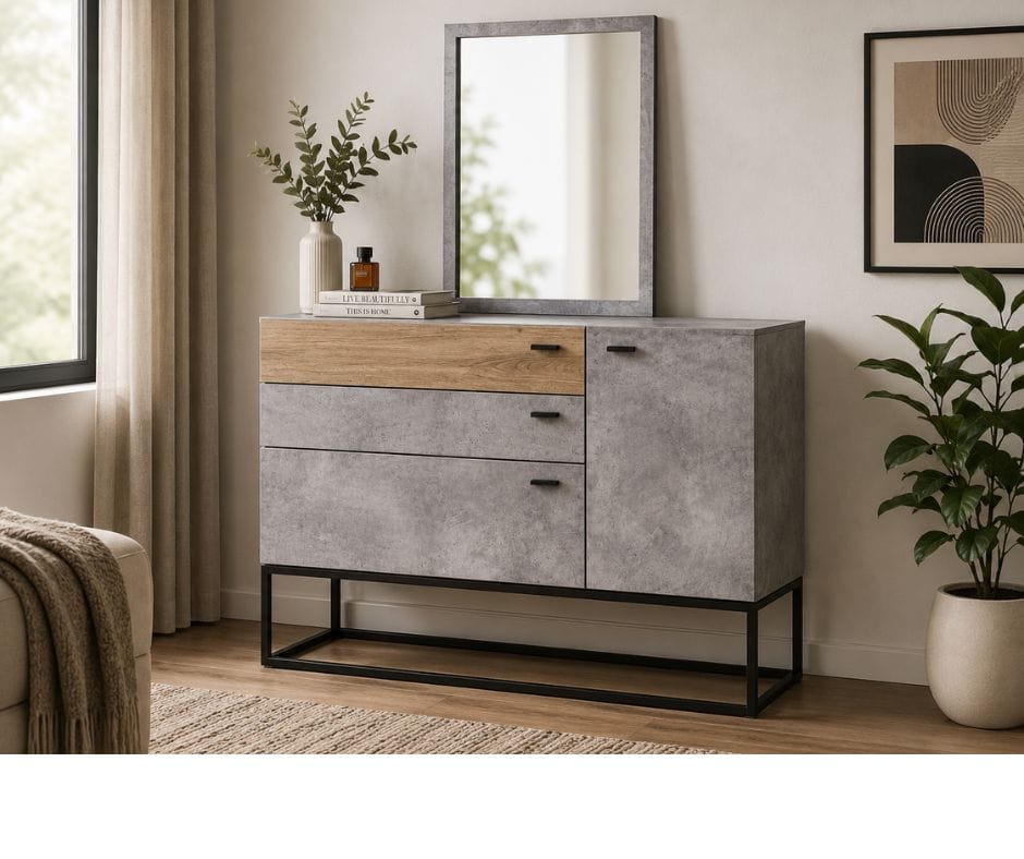 Simon Dresser with MIrror - Dark Oak Cement Finish