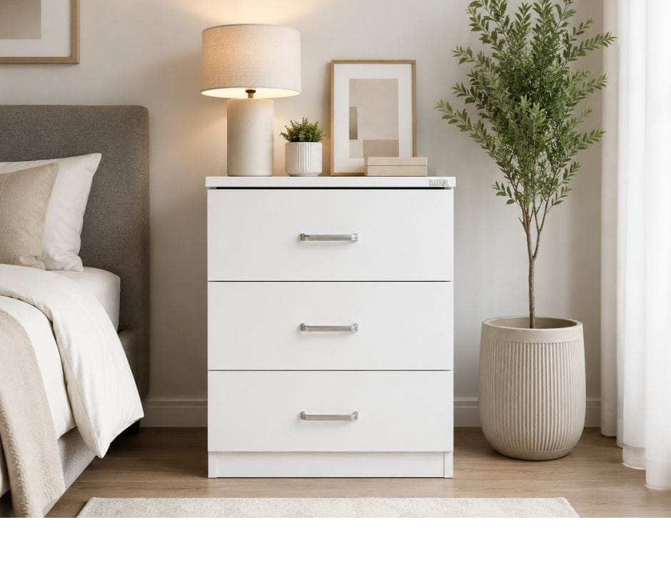 HEQS 3 Drawers Bedside Table - White
