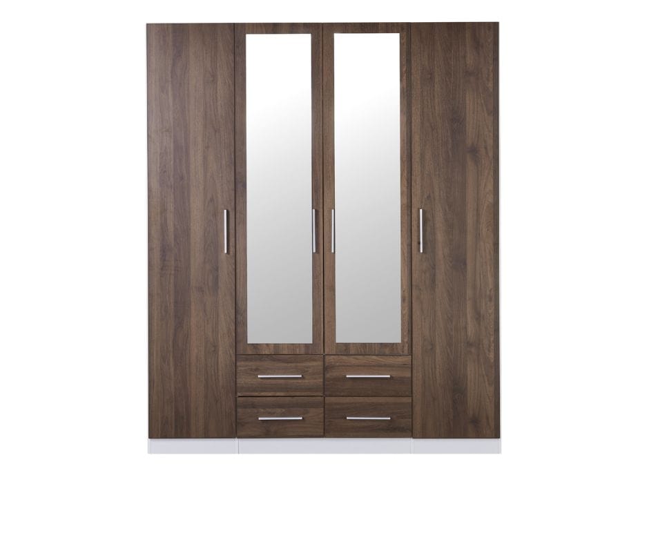 Zetland Wardrobe 4 Door 4 Drawer with Mirror -Walnut Finish