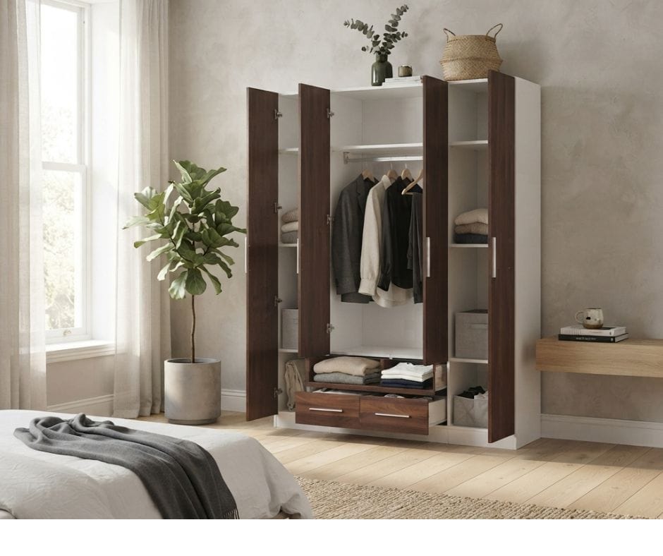 Zetland Wardrobe 4 Door 4 Drawer with Mirror -Walnut Finish