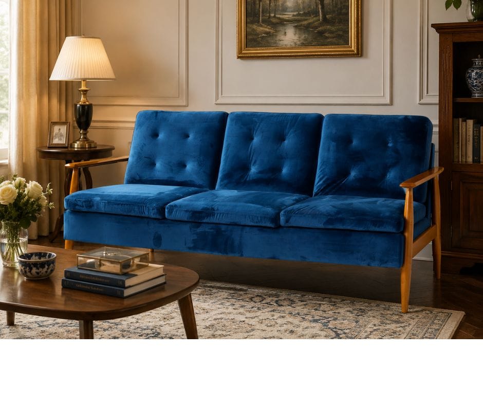 Lindy Timber Arm Sofa Bed - Blue