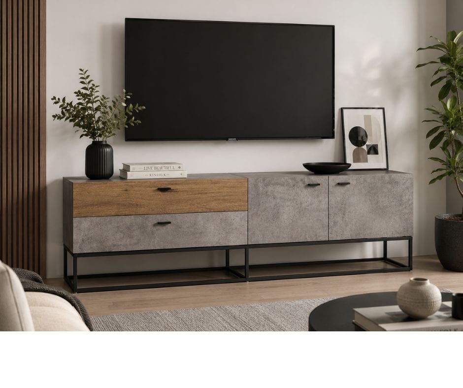 Jay TV Stand - Cement & Dark Oak Finish