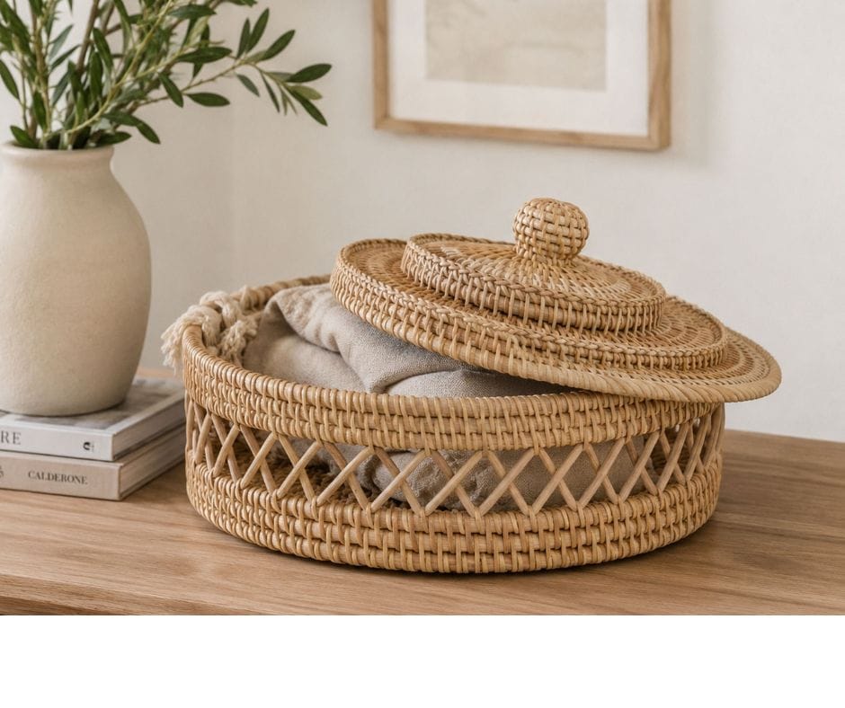 Kelly Hallow Storage Basket with Lid - Natural Rattan Finish