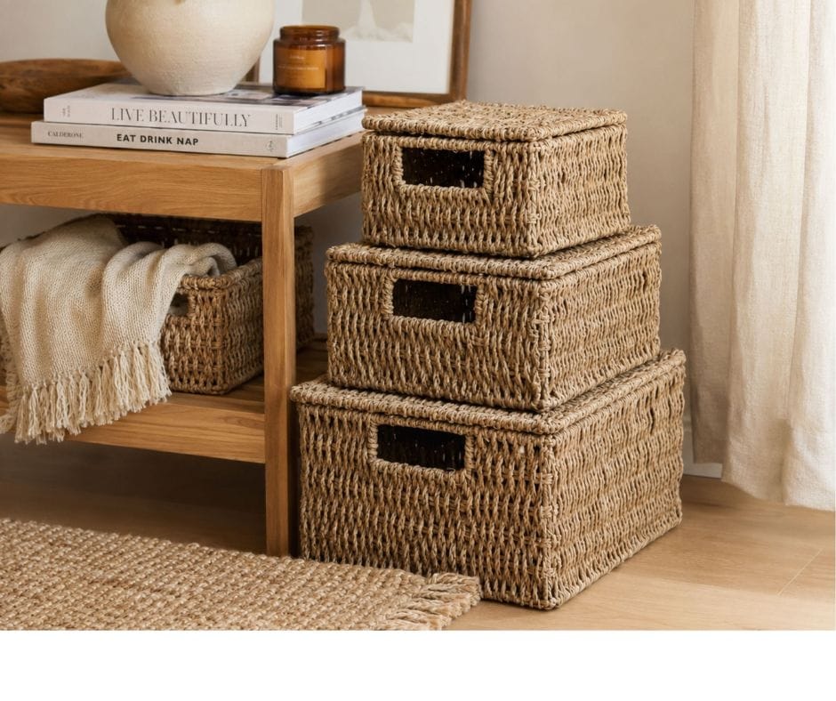 Kelly Rectangular Storage Basket set of 3 - Natural Rattan Finish