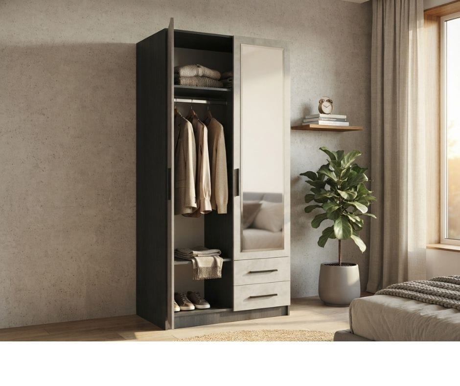 Zetland 2-D Wardrobe - Cement and Black Oak Finish