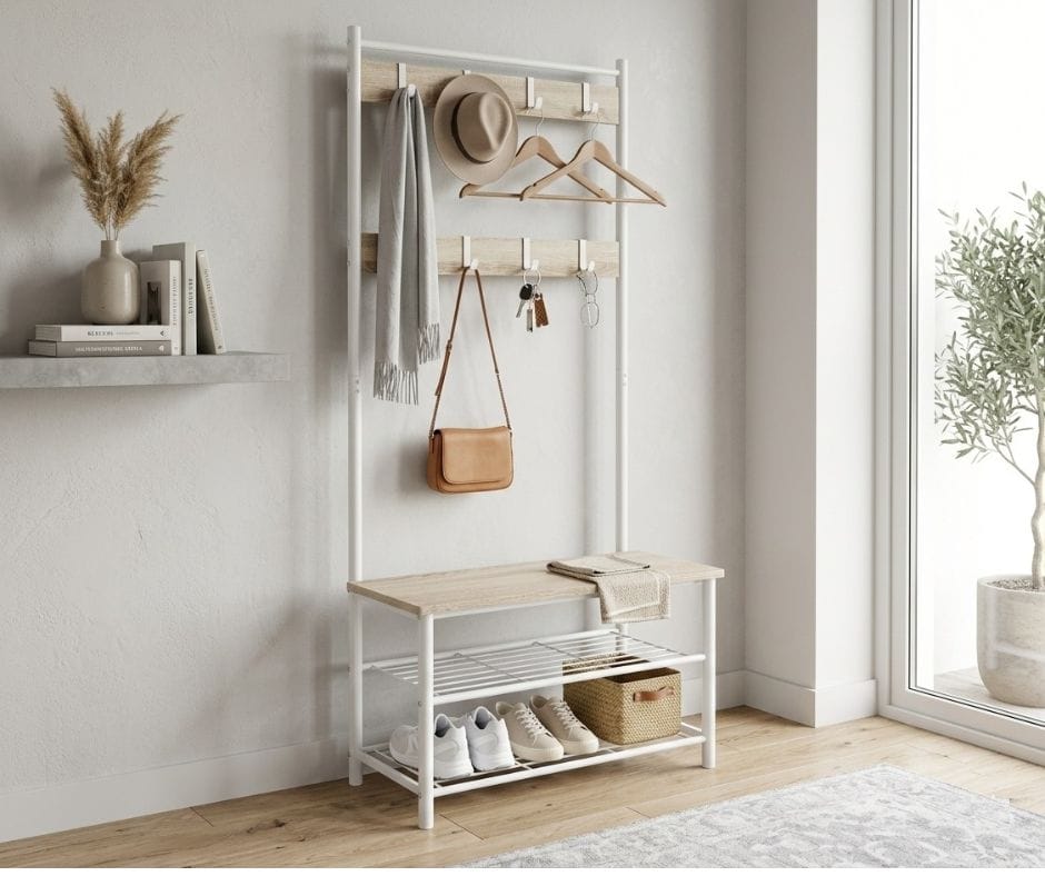 Kelly Hanger and Shoe Rack - Light Oak with White Frame Finish