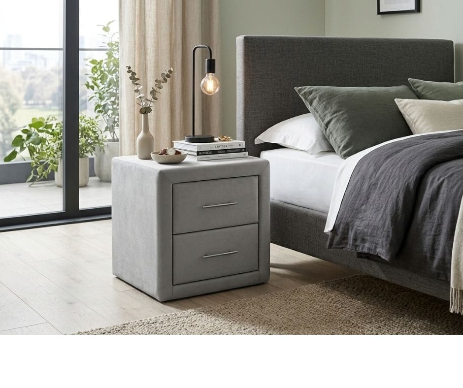 Angela Velvet Fabric Bedside Table - Light Grey