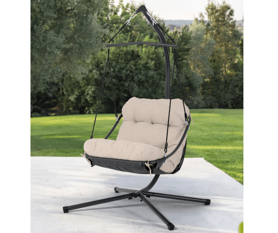 Bali Hanging Chair with Large Seat Cushion - Dark Grey & Beige