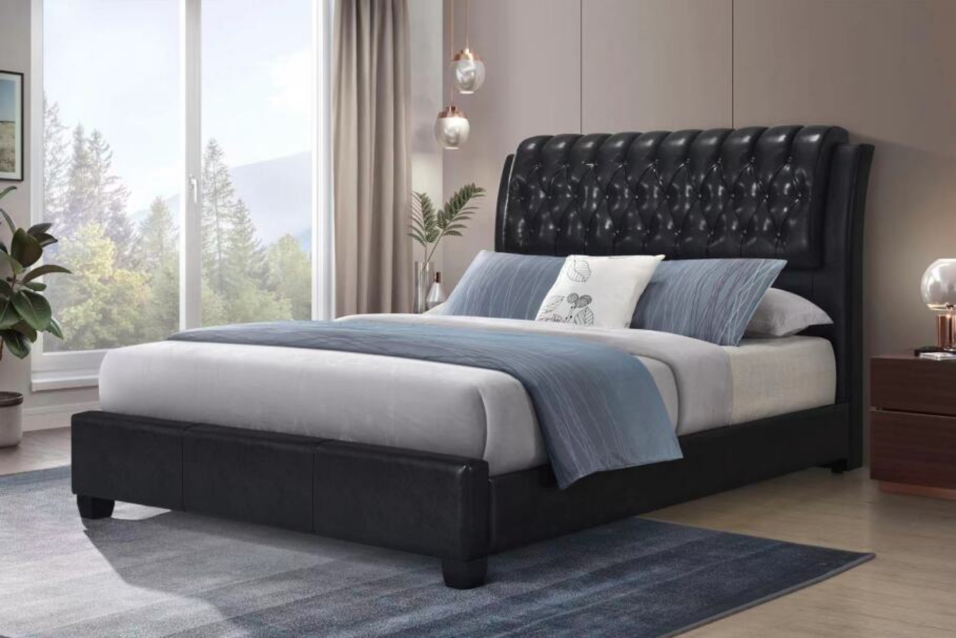 THOMSON BLACK DOUBLE LEATHER BED - Simply stunning with button tufting and wing detail. 