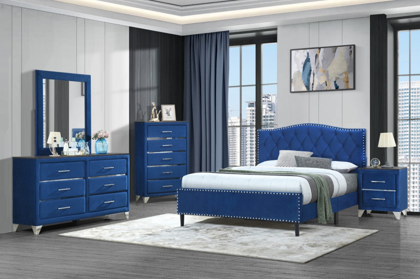 Upholstered in Velvet smooth fabric Decorated with individual silverish nail Padded in new foam with soft fiber Solid rubberwood leg is with JESSIE BEDROOM"